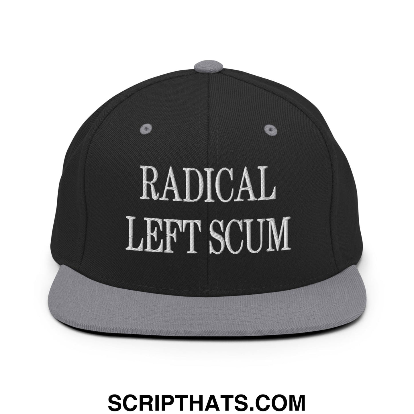 Black snapback hat with gray brim and white embroidered radical left scum text flat bill brim snapback hat