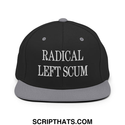 Black snapback hat with gray brim and white embroidered radical left scum text flat bill brim snapback hat