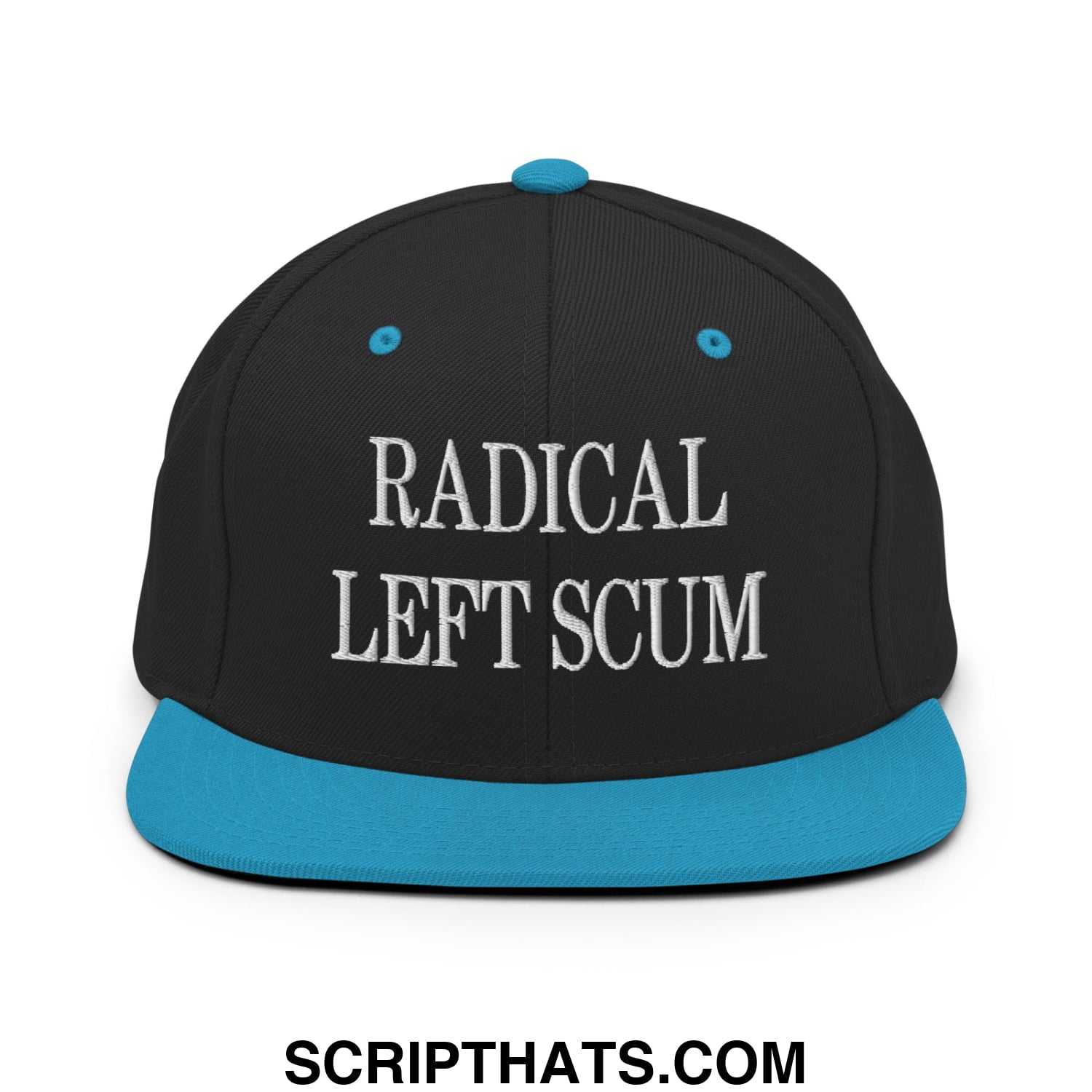 Black snapback hat with teal flat bill brim and white embroidered radical left scum text on front panel