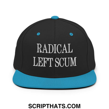 Black snapback hat with teal flat bill brim and white embroidered radical left scum text on front panel