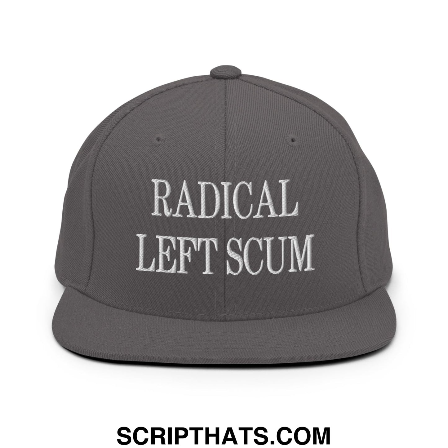 Gray snapback hat with white embroidered radical left scum text and flat bill brim for casual wear