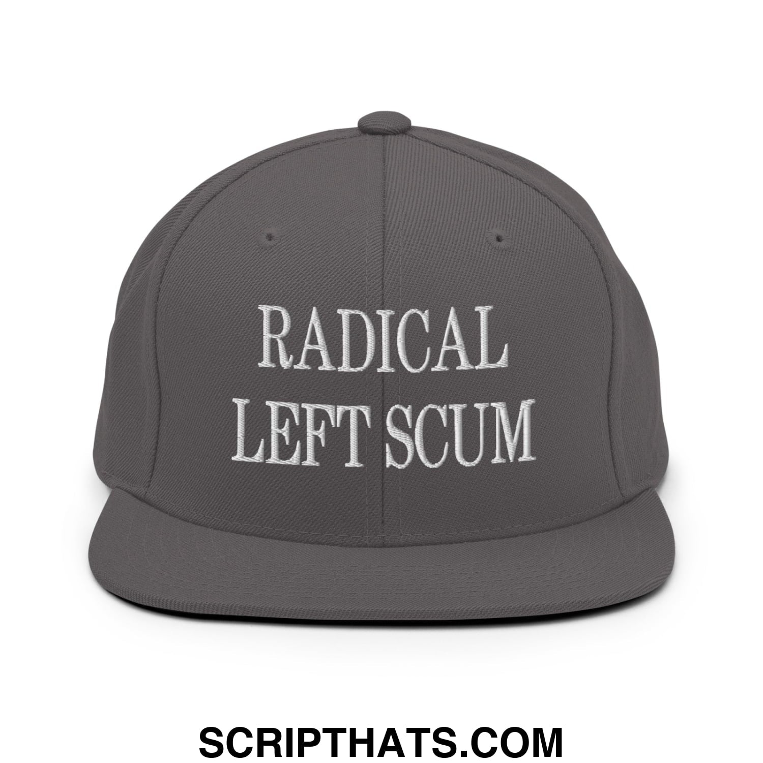 Gray snapback hat with white embroidered radical left scum text and flat bill brim for casual wear