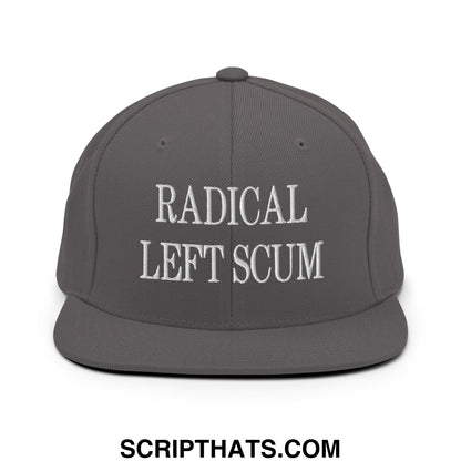 Gray snapback hat with white embroidered radical left scum text and flat bill brim for casual wear