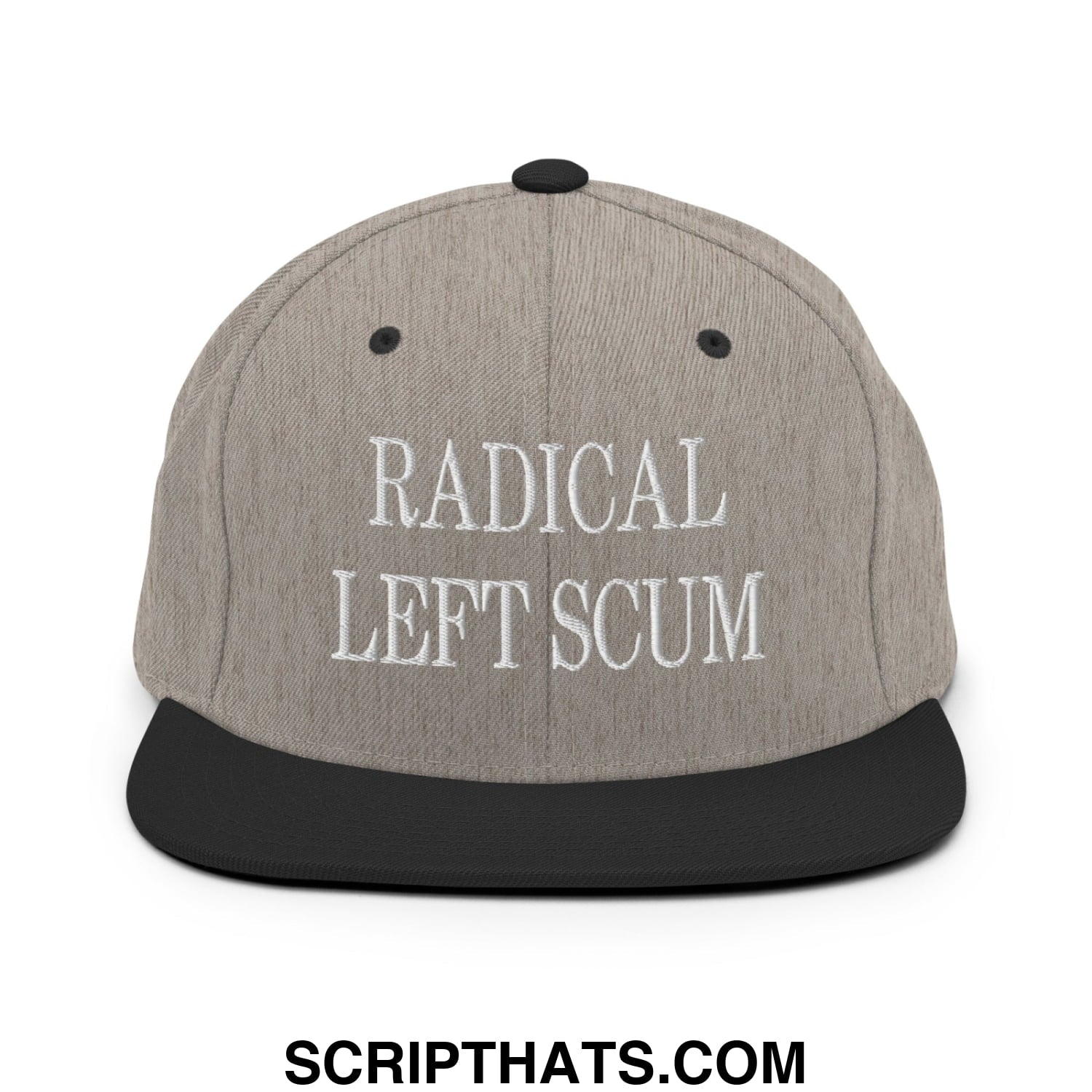 Gray heather snapback cap with black brim and embroidered white text radical left scum flat bill brim hat