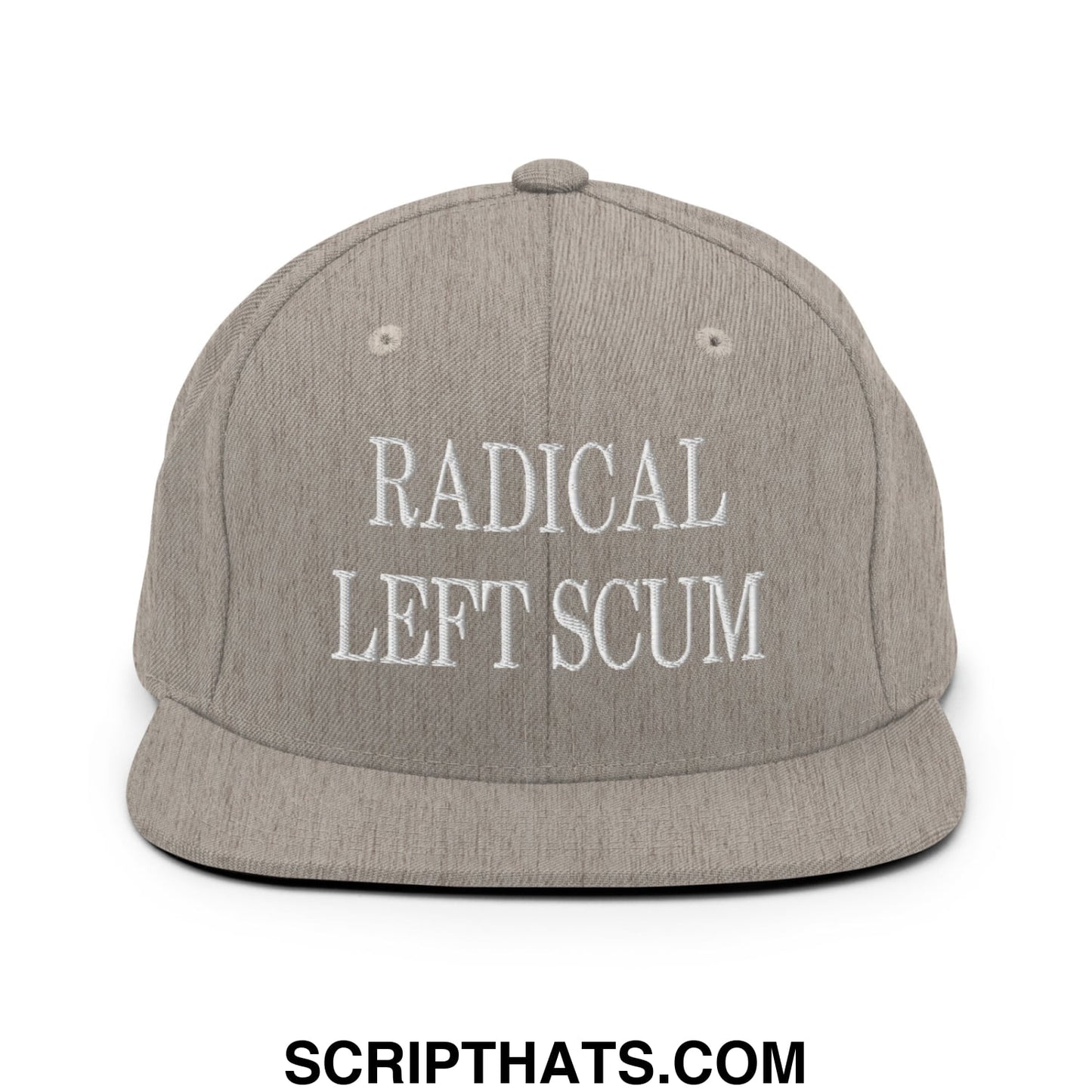 A gray snapback hat with white embroidered radical left scum text on the front and a flat bill brim