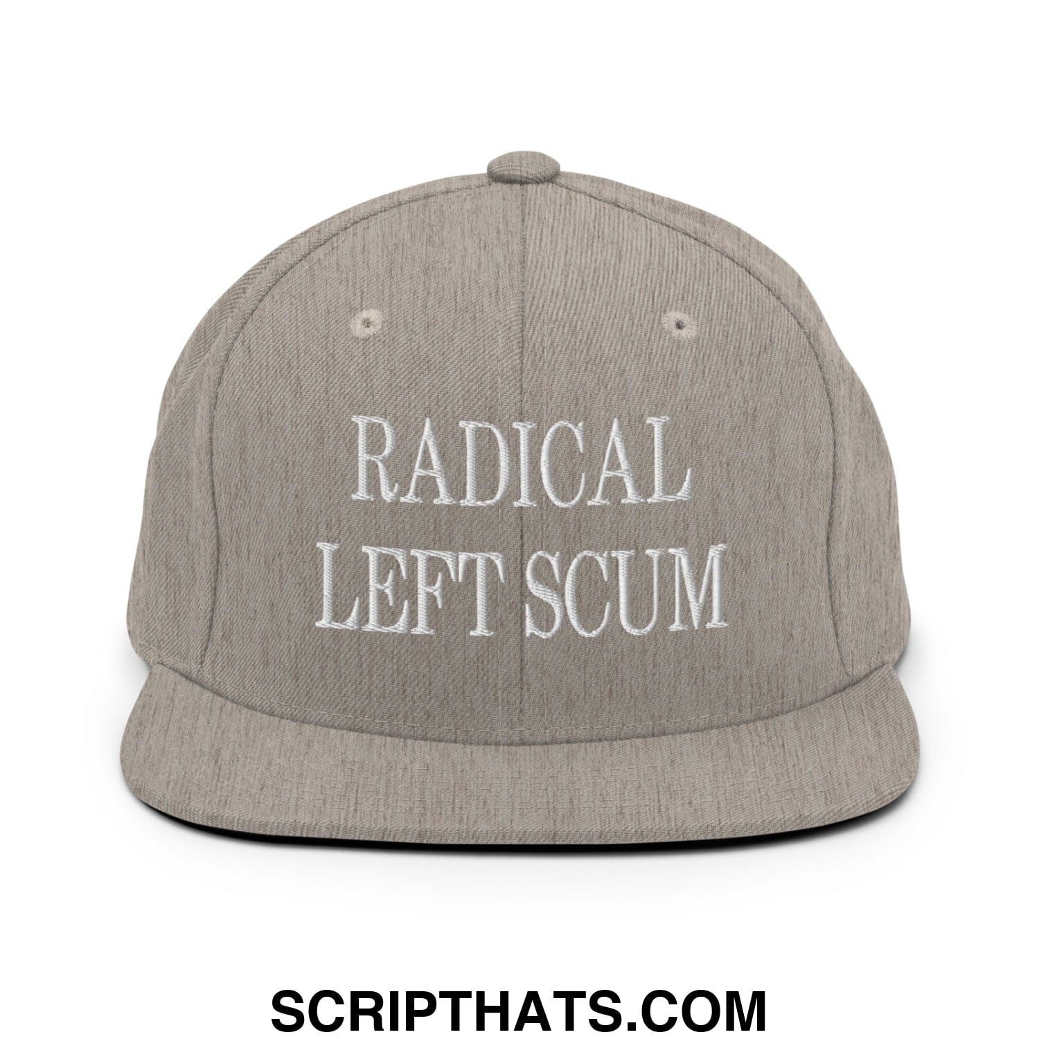 A gray snapback hat with white embroidered radical left scum text on the front and a flat bill brim