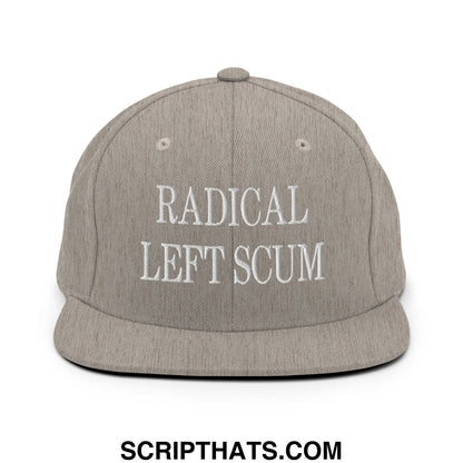 A gray snapback hat with white embroidered radical left scum text on the front and a flat bill brim