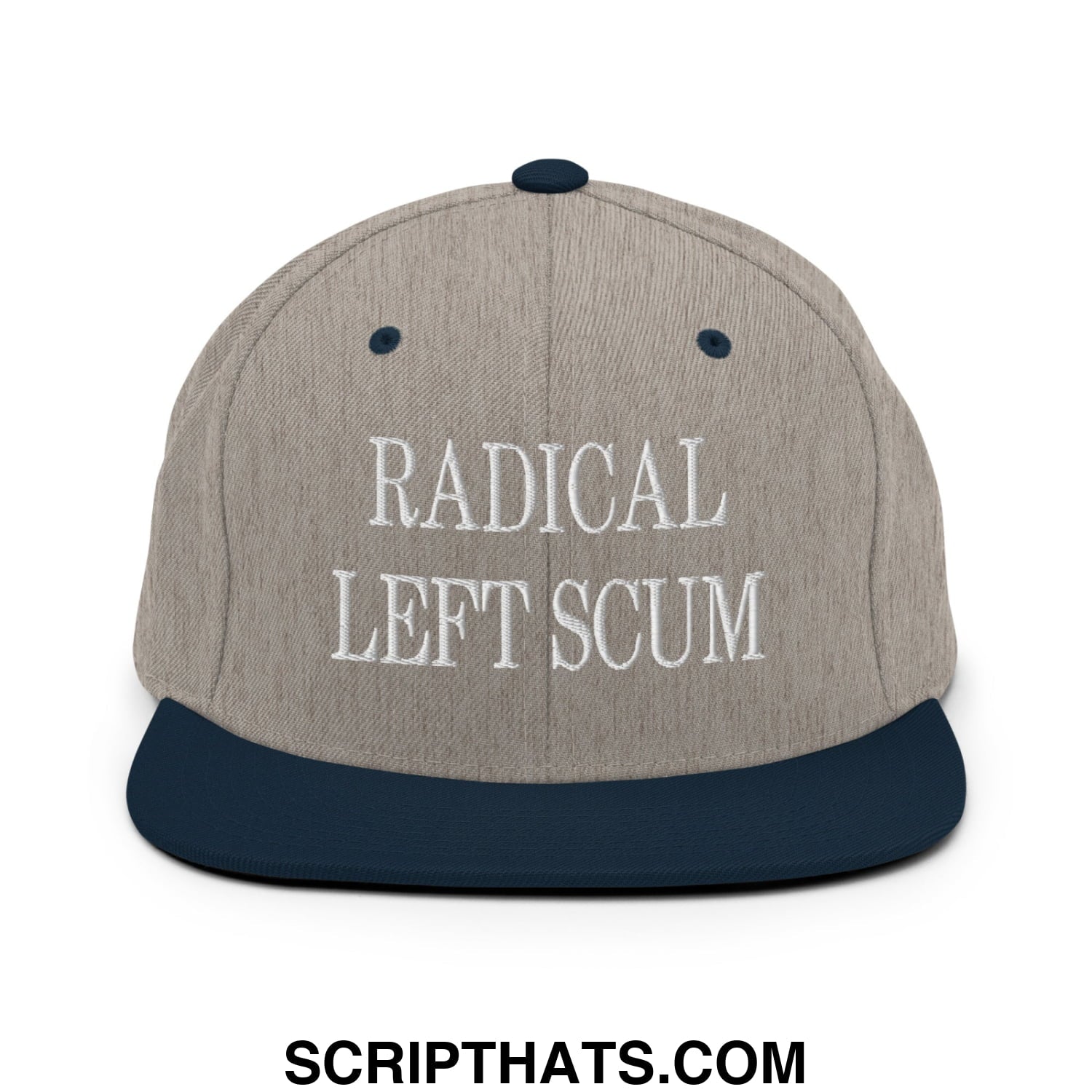 A gray and navy blue snapback hat with radical left scum embroidered in white thread on the front flat bill brim