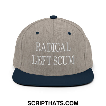 A gray and navy blue snapback hat with radical left scum embroidered in white thread on the front flat bill brim