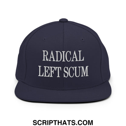 Navy blue snapback hat with white embroidered radical left scum text and flat bill brim