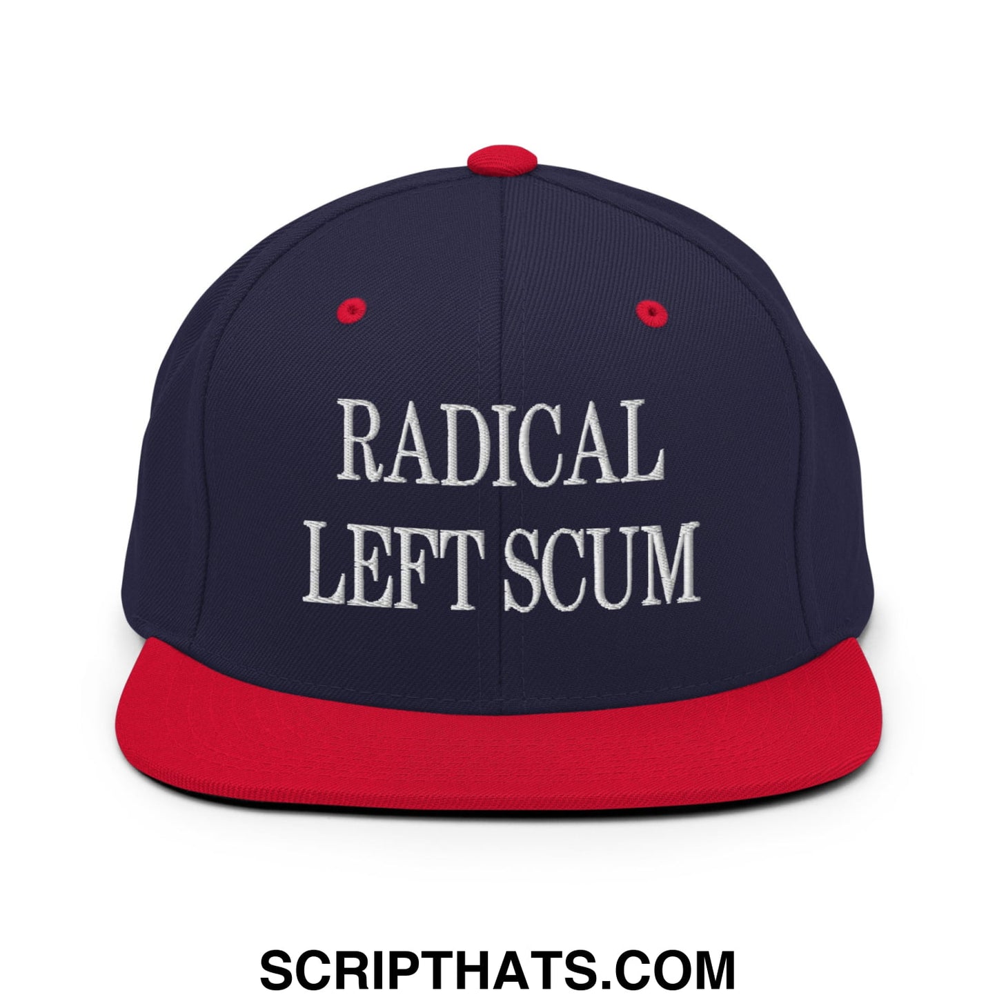 Navy blue and red snapback hat with white embroidered radical left scum text and flat bill brim design