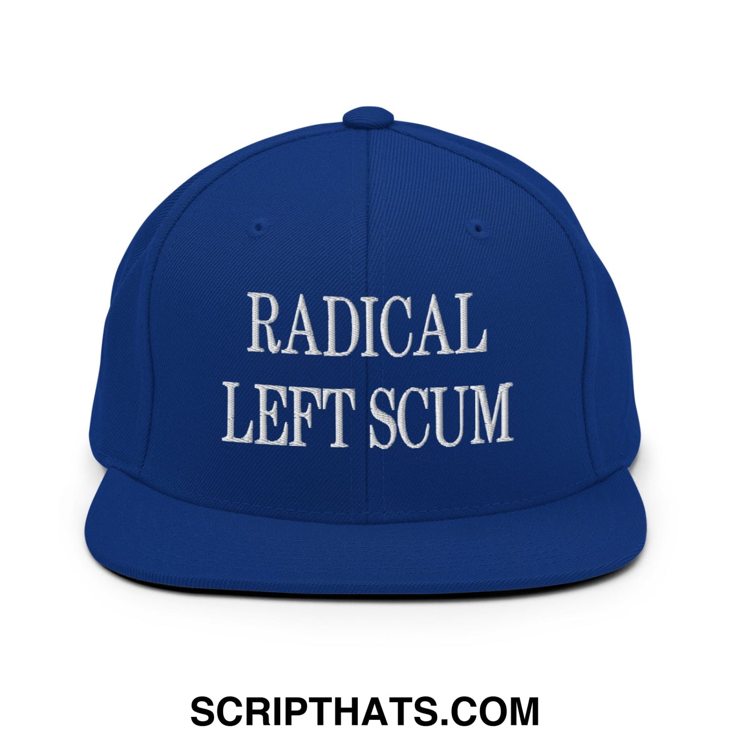 Royal blue snapback hat with white embroidered radical left scum text and flat bill brim design
