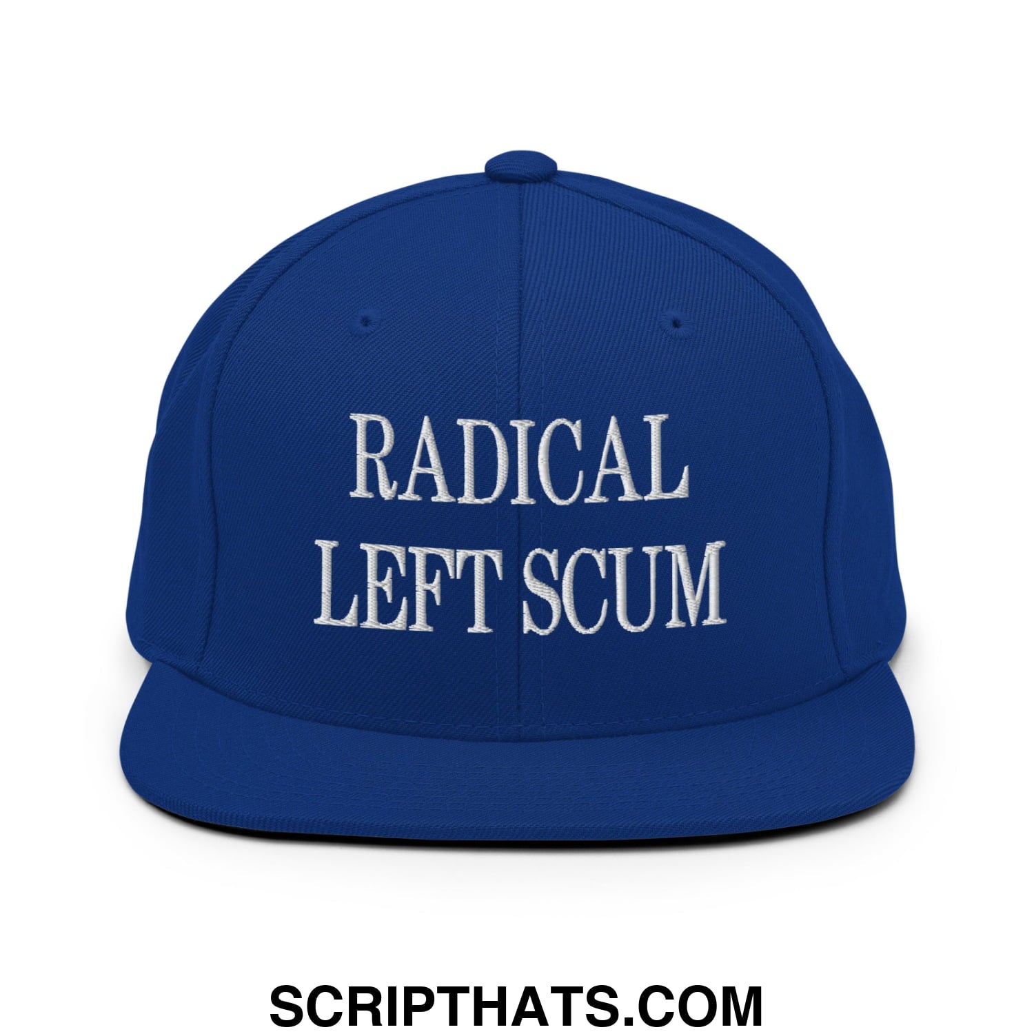 Royal blue snapback hat with white embroidered radical left scum text and flat bill brim design