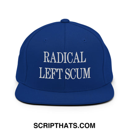 Royal blue snapback hat with white embroidered radical left scum text and flat bill brim design