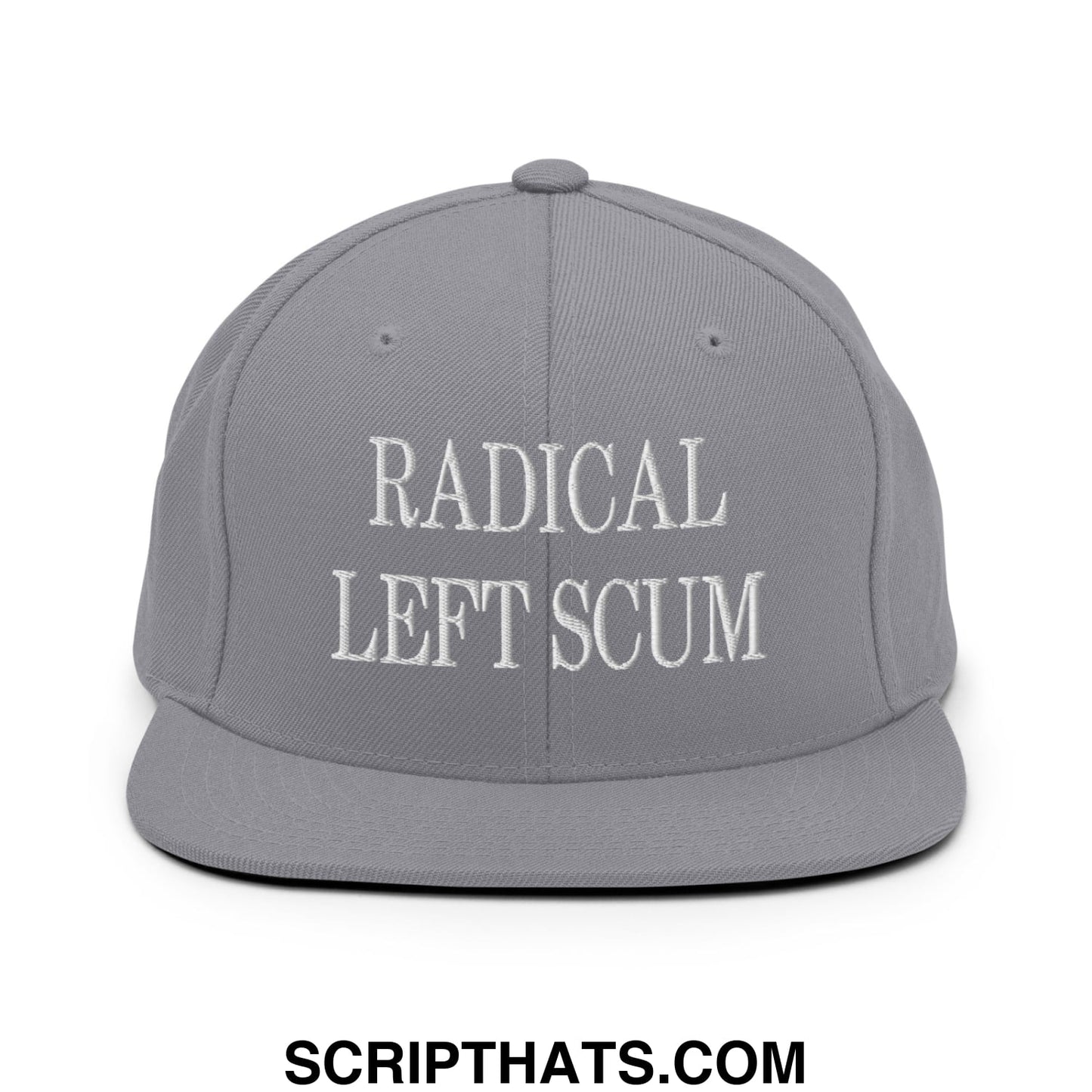 Gray snapback hat with white embroidered radical left scum text and flat bill brim for casual wear