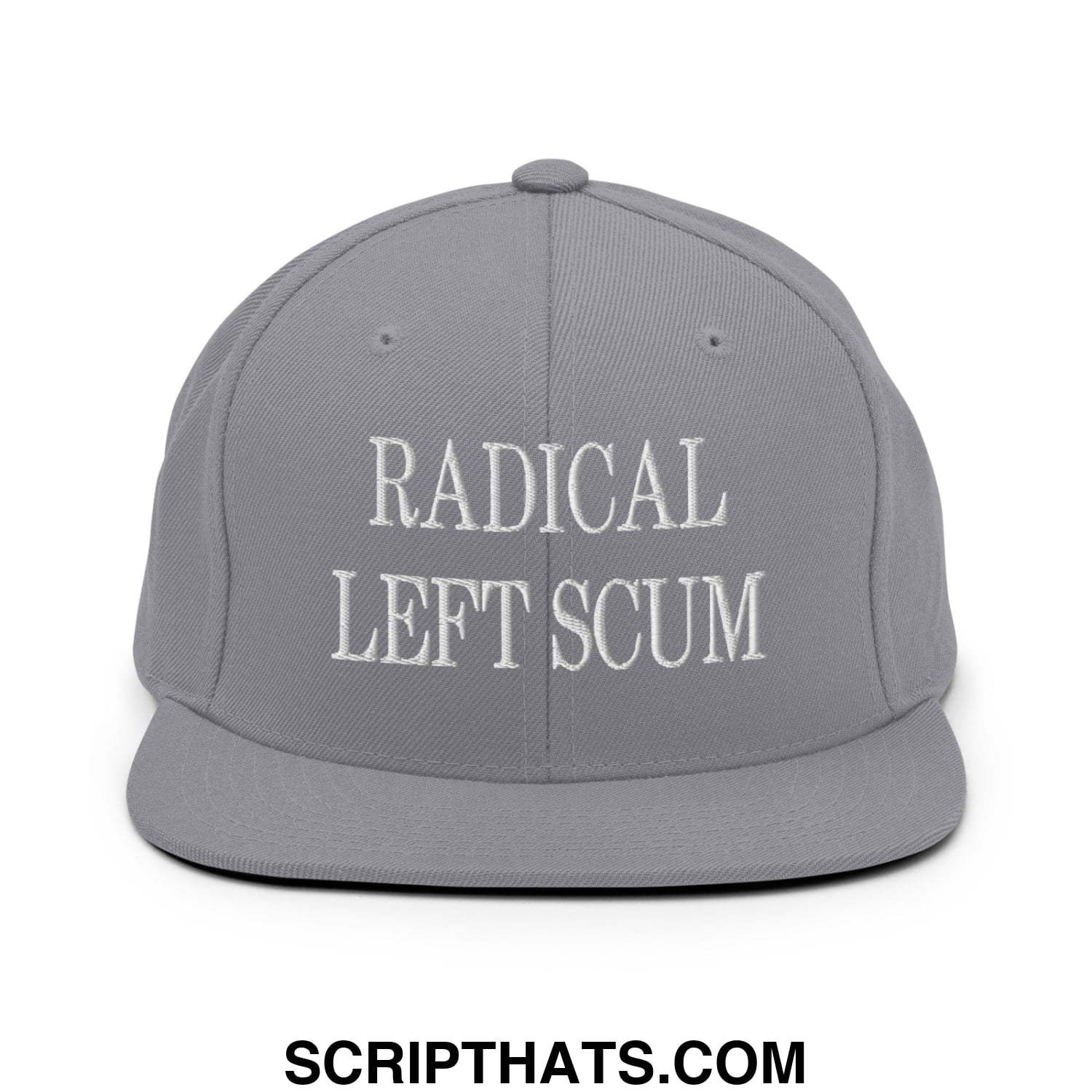 Gray snapback hat with white embroidered radical left scum text and flat bill brim for casual wear