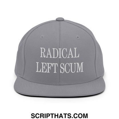 Gray snapback hat with white embroidered radical left scum text and flat bill brim for casual wear