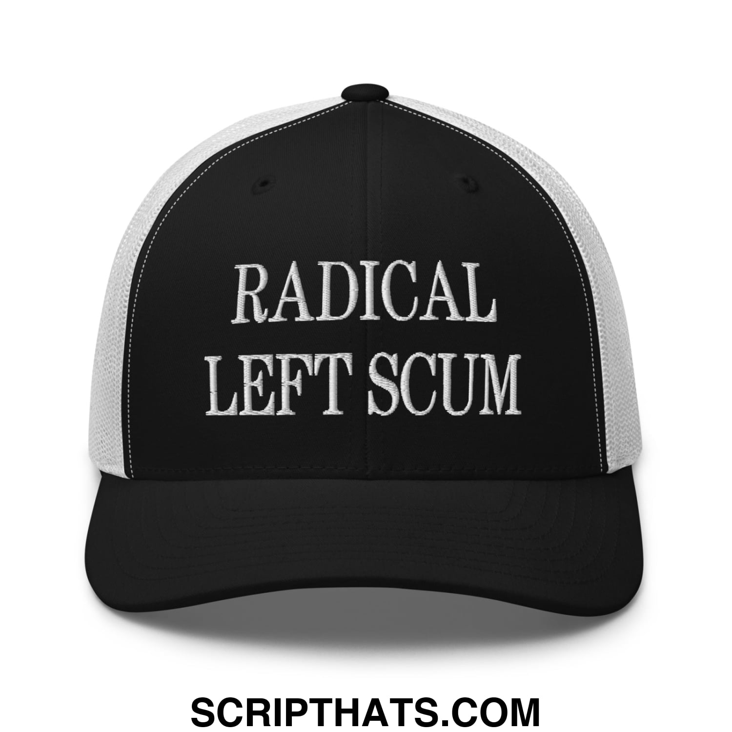 Black and white mesh trucker hat with radical left scum embroidered text in bold uppercase font