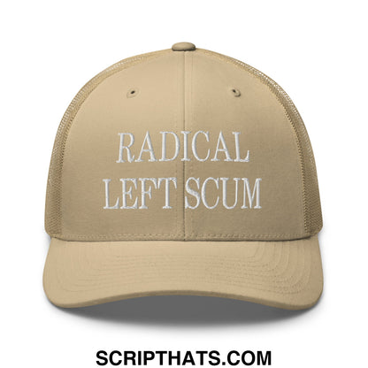 Beige mesh trucker hat with white embroidered radical left scum text on front for casual wear