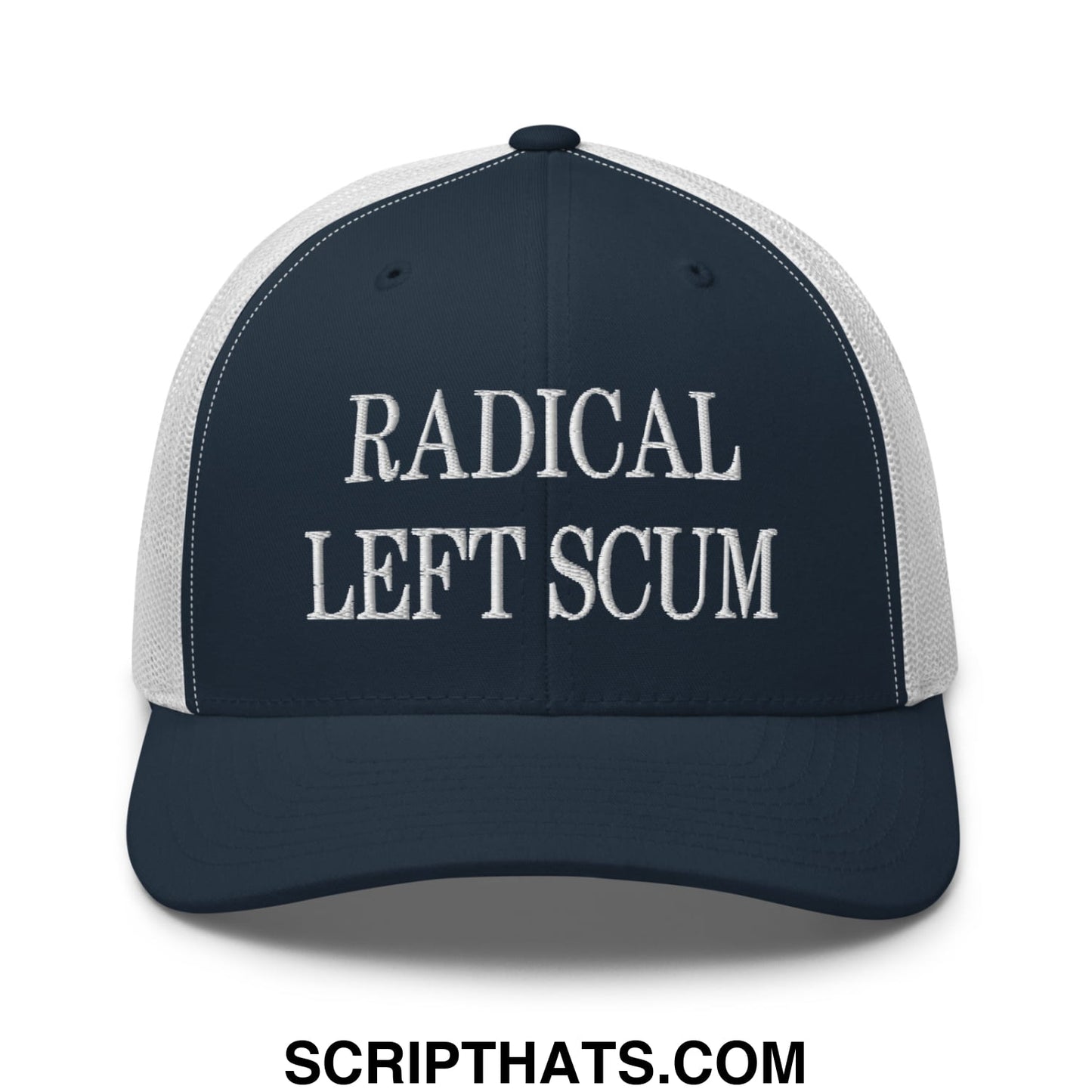 Navy blue and white mesh trucker hat with radical left scum embroidered in bold uppercase letters