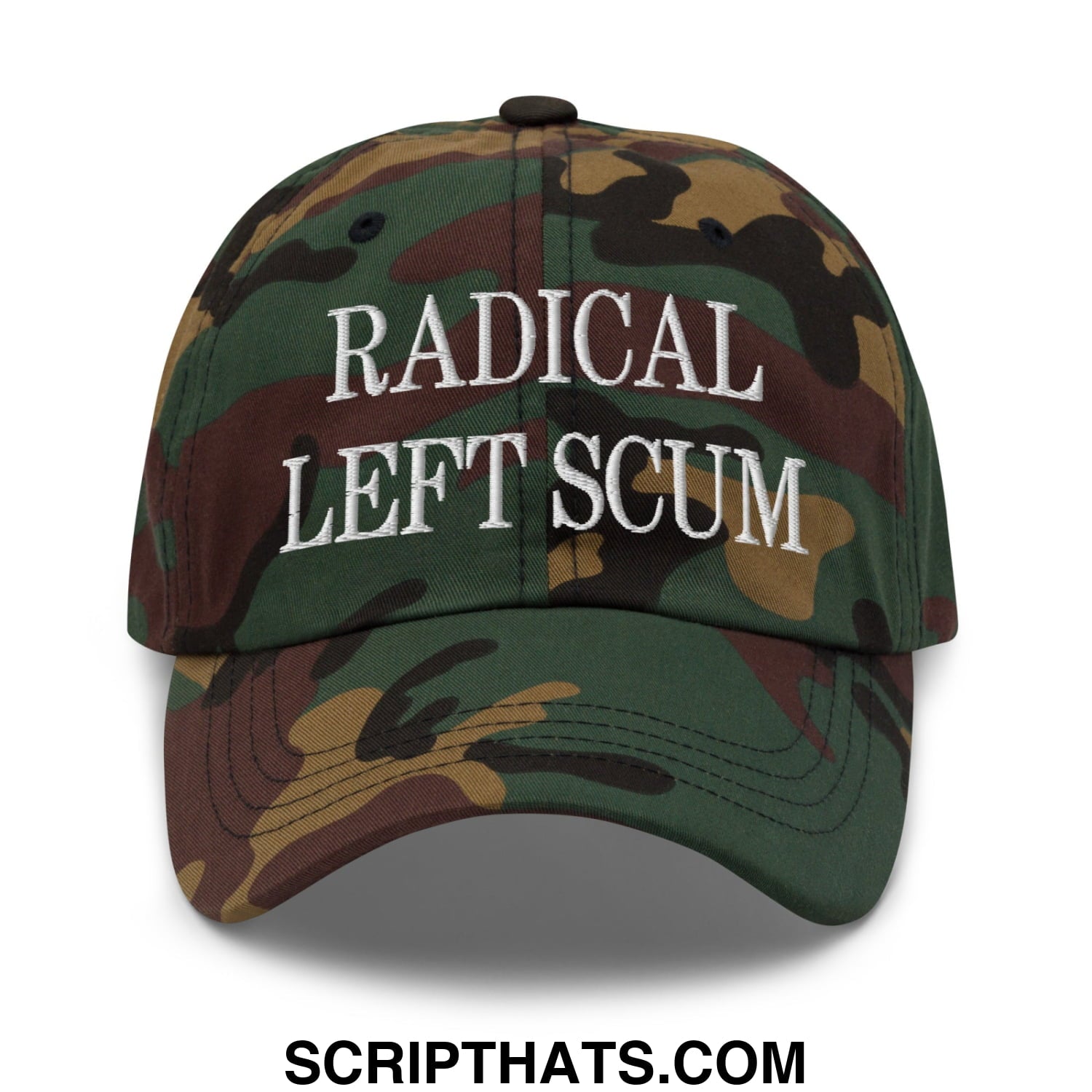 A camouflage unstructured dad hat with white embroidered text radical left scum on the front panel