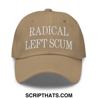 Tan unstructured dad hat with white embroidered text radical left scum featuring casual cotton material design