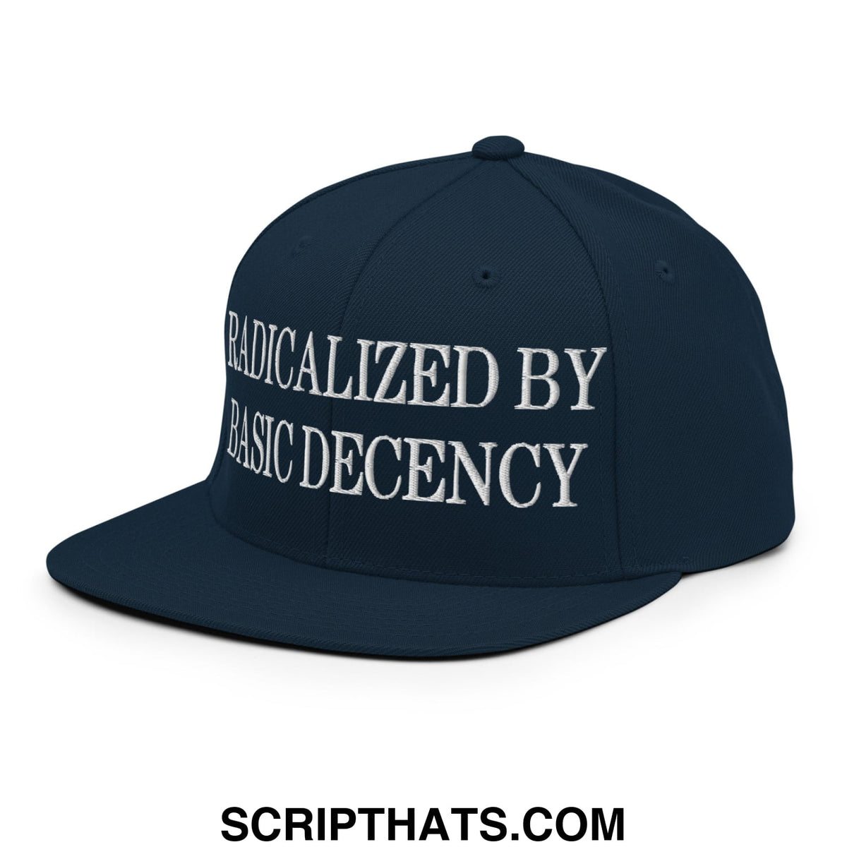 Navy blue snapback hat with white embroidered text radicalized by basic decency flat bill brim design