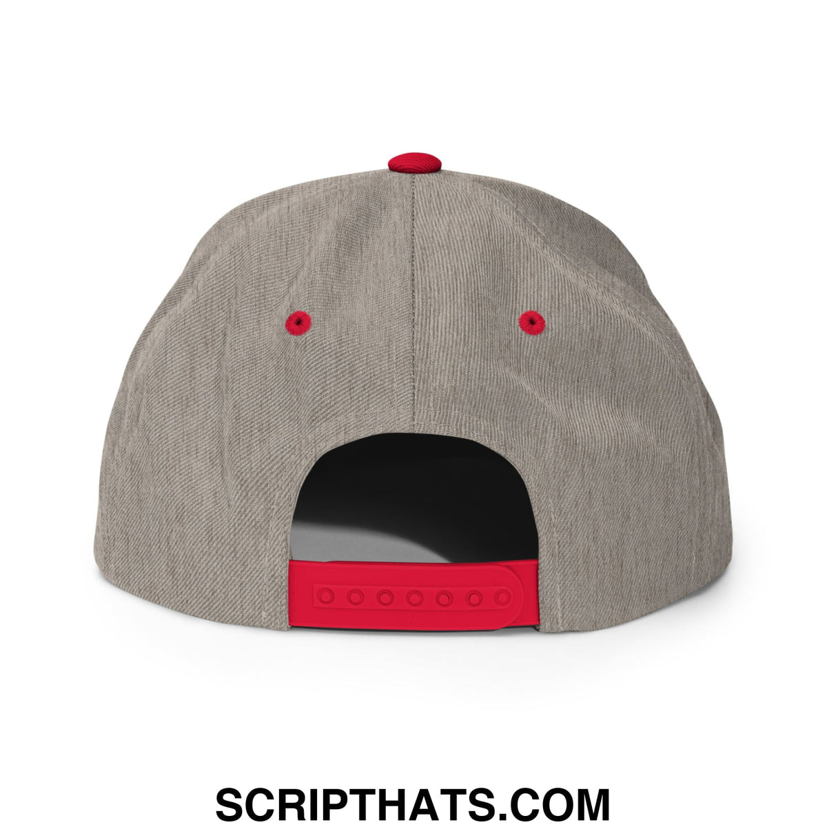 Gray corduroy snapback cap radicalized by basic decency with red button and adjustable strap shown from the back