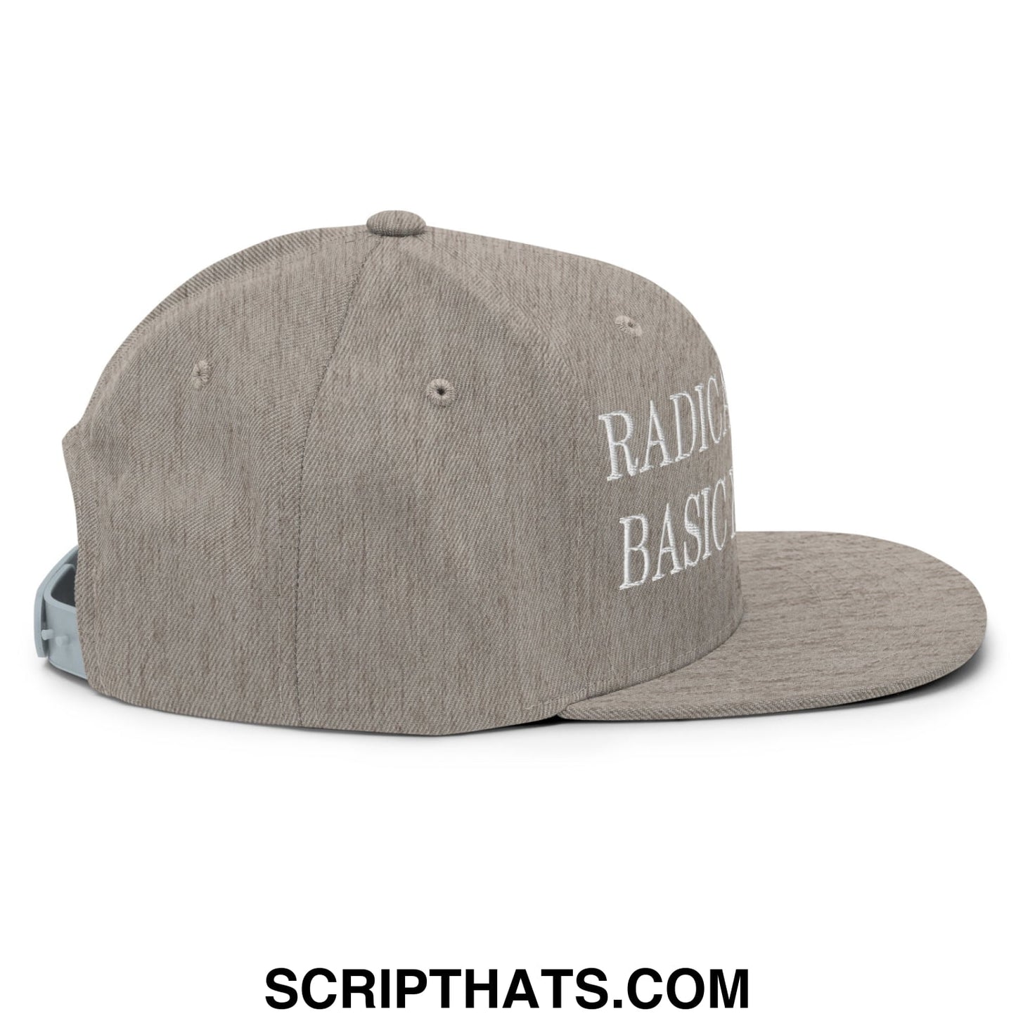 Gray heathered snapback cap with white embroidered radical basic text on the side from Radicalized by Basic Decency