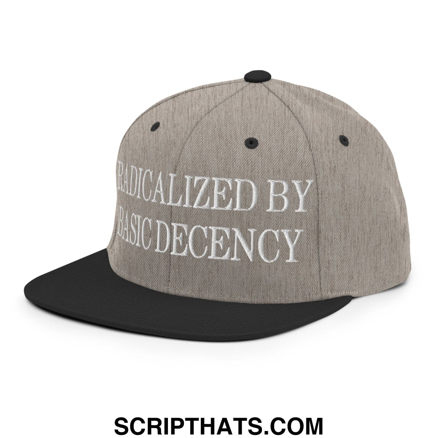 Gray and black snapback cap with white embroidered text radicalized by basic decency flat bill brim design
