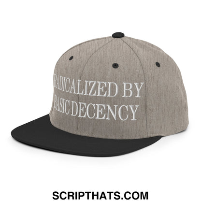 Gray and black snapback cap with white embroidered text radicalized by basic decency flat bill brim design