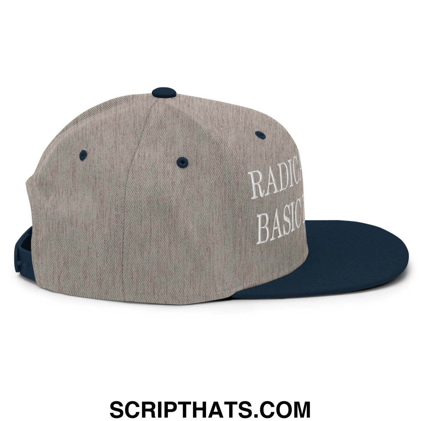 A heather gray and navy blue snapback hat with white embroidered radical basic text on the side by basic decency