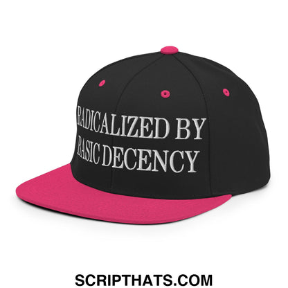 Black snapback cap with vibrant pink brim and button embroidered with radicalized by basic decency text in white