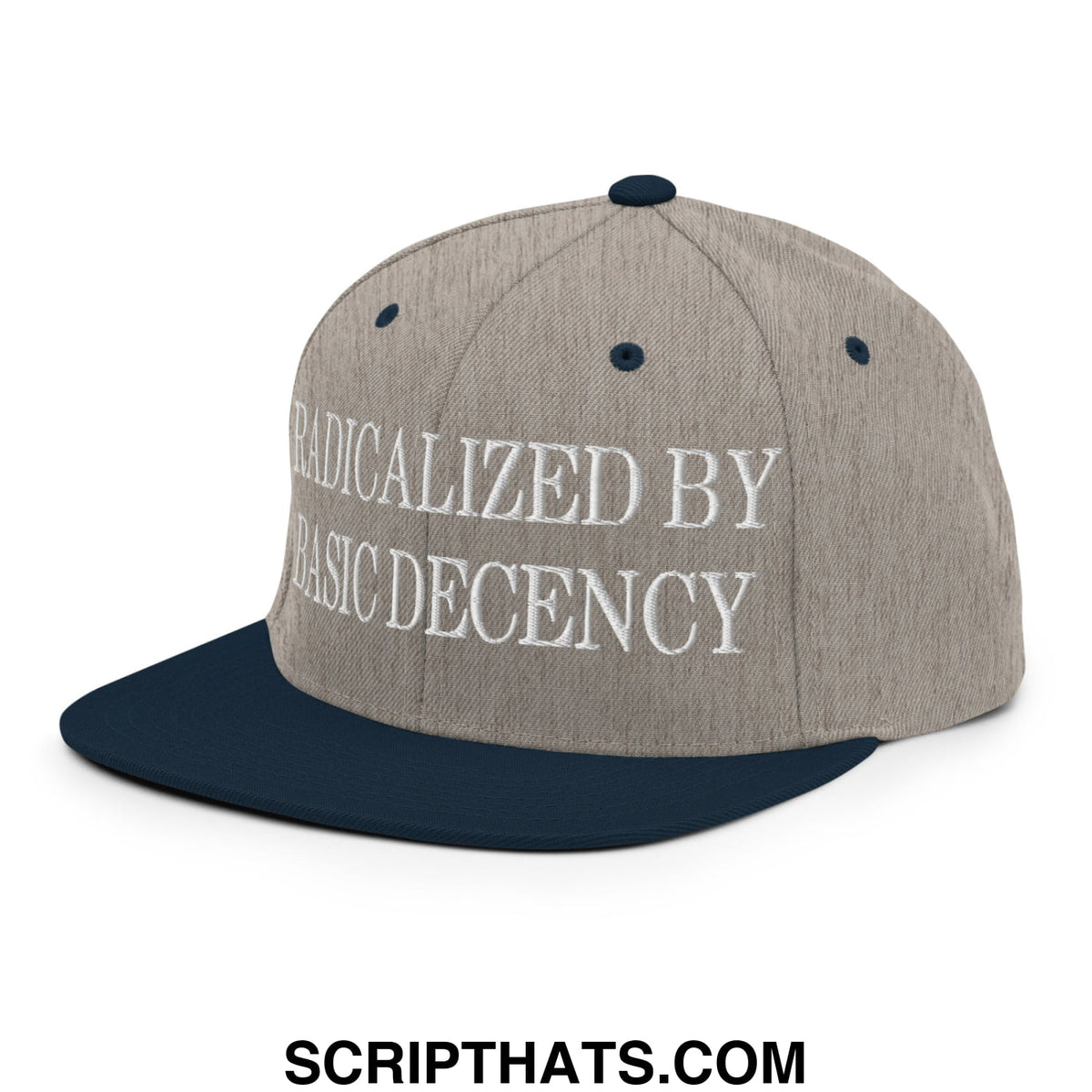 A gray and navy blue snapback cap with white embroidered text radicalized by basic decency on the front