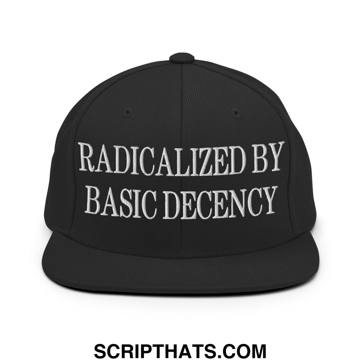 Black snapback hat with white embroidered text radicalized by basic decency flat bill brim design