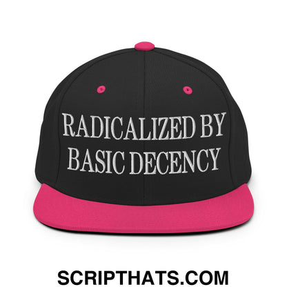 Radicalized by Basic Decency Embroidered Flat Bill Brim Snapback Hat Black Neon Pink