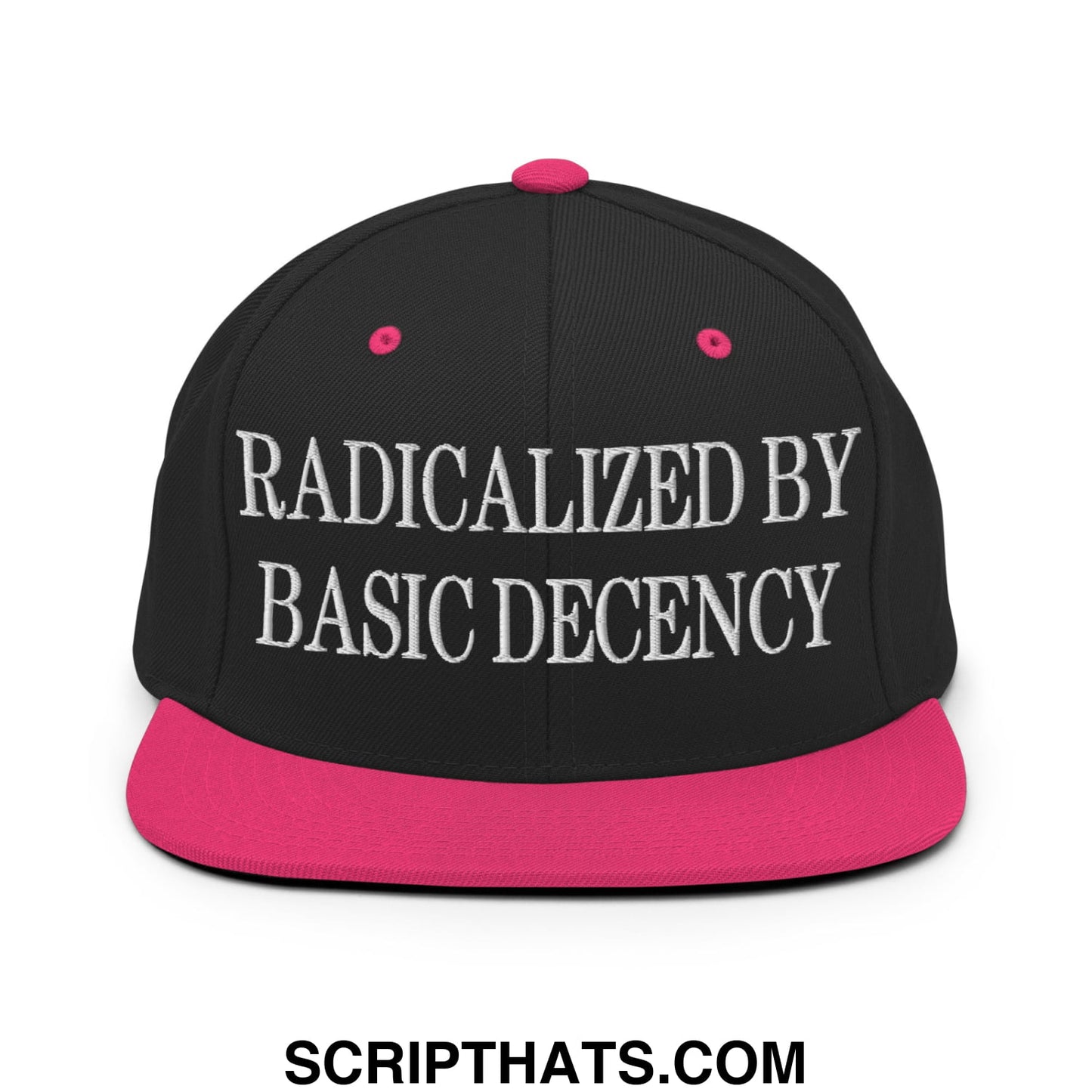 Black snapback cap with vibrant pink flat bill brim and button featuring white embroidered text radicalized by basic decency