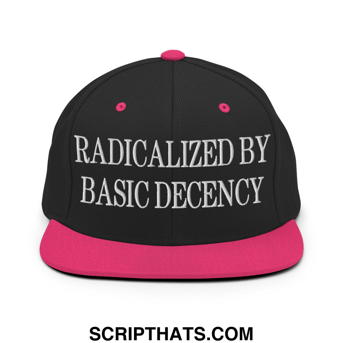 Black snapback cap with vibrant pink flat bill brim and button featuring white embroidered text radicalized by basic decency