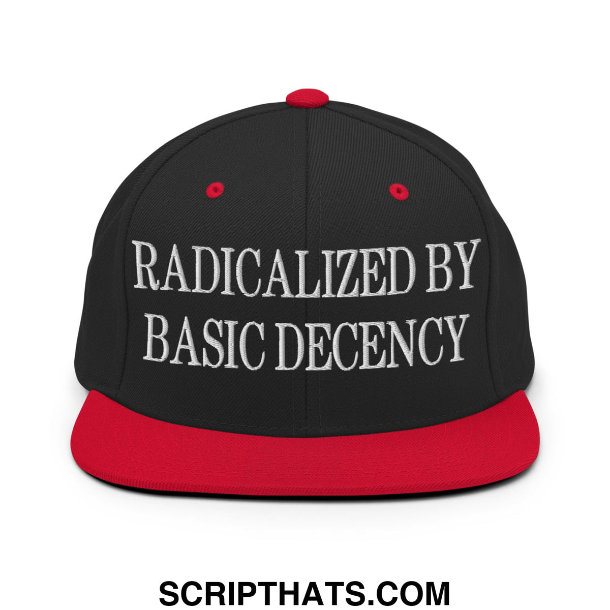 Black and red snapback hat with white embroidered radicalized by basic decency text on front flat bill brim