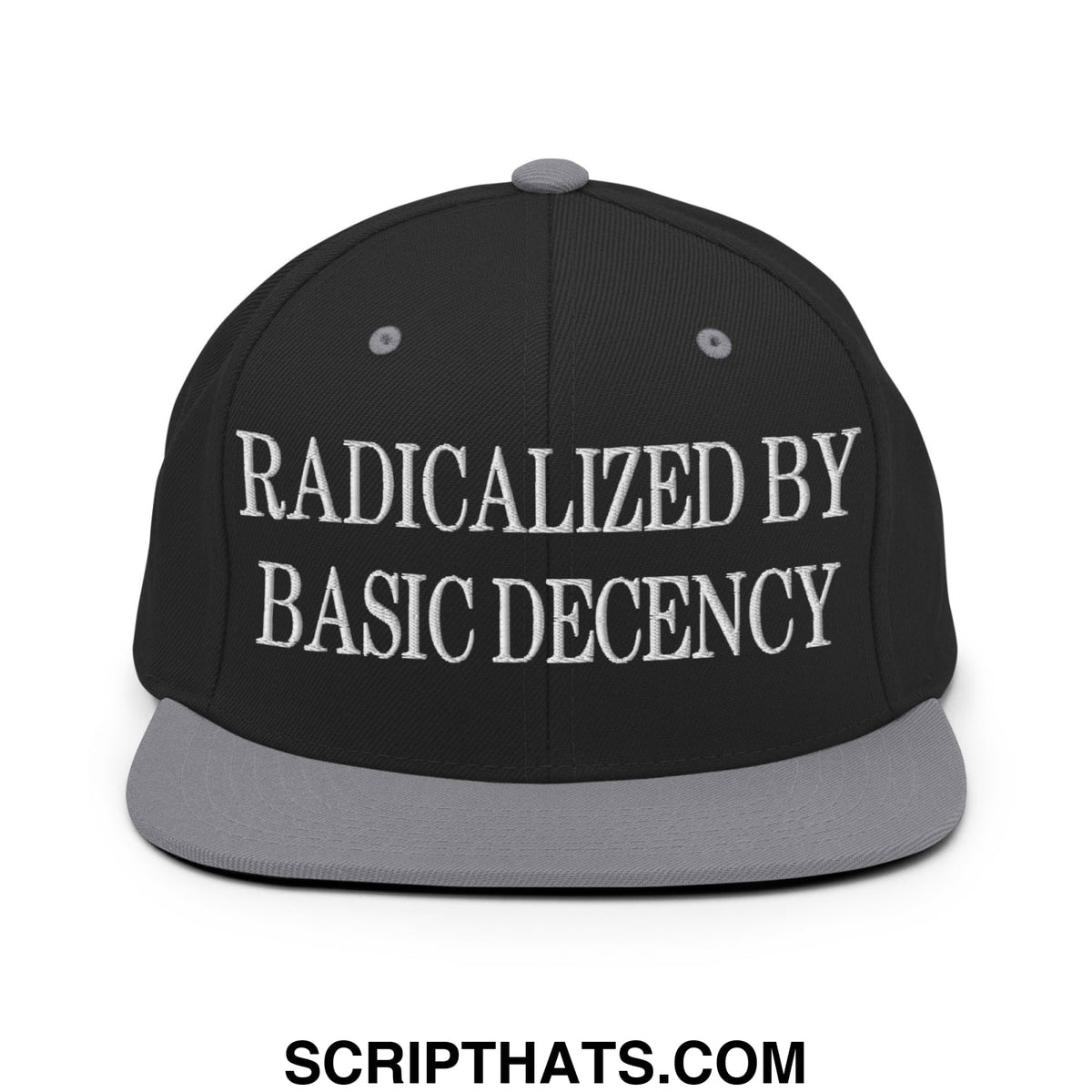 Black snapback cap with gray brim and white embroidered text radicalized by basic decency flat bill brim hat