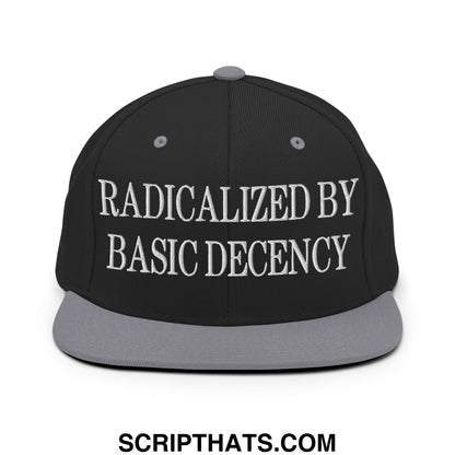 Black snapback cap with gray brim and white embroidered text radicalized by basic decency flat bill brim hat