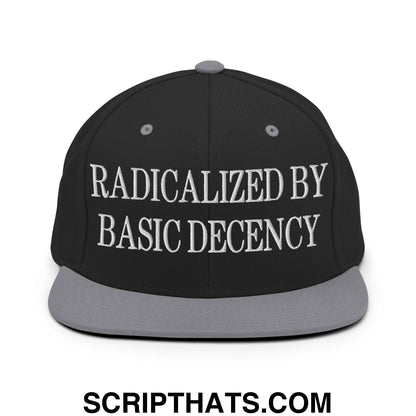 Radicalized by Basic Decency Embroidered Flat Bill Brim Snapback Hat Black Silver
