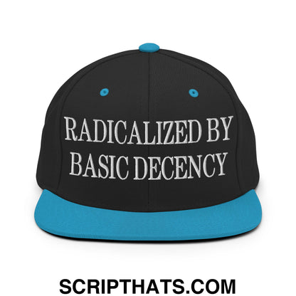 Radicalized by Basic Decency Embroidered Flat Bill Brim Snapback Hat Black Teal