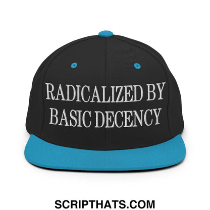 Black snapback cap with teal brim and button featuring white embroidered text radicalized by basic decency