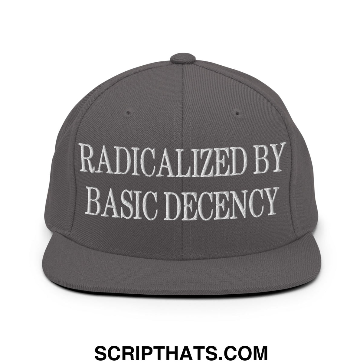 Gray snapback hat with white embroidered radicalized by basic decency text and a flat bill brim for casual wear