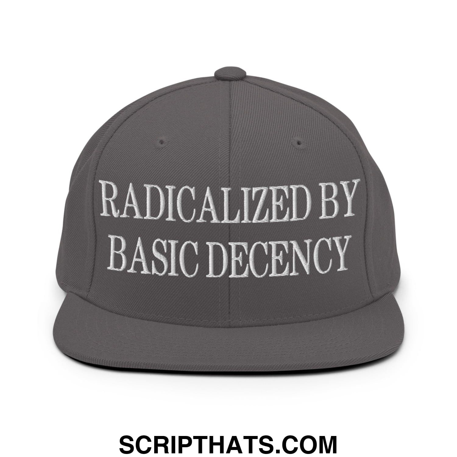 Gray snapback hat with white embroidered radicalized by basic decency text and a flat bill brim for casual wear