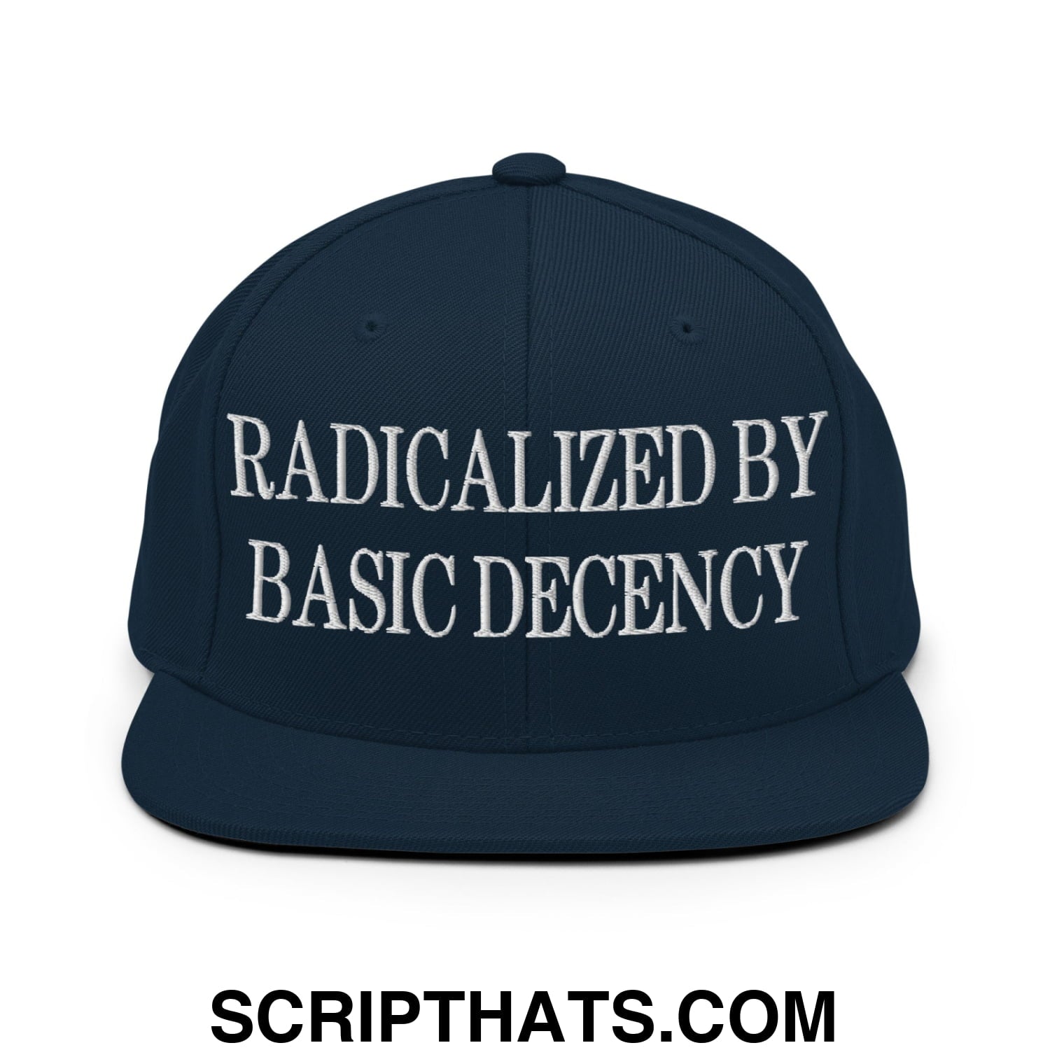 Radicalized by Basic Decency Embroidered Flat Bill Brim Snapback Hat Dark Navy