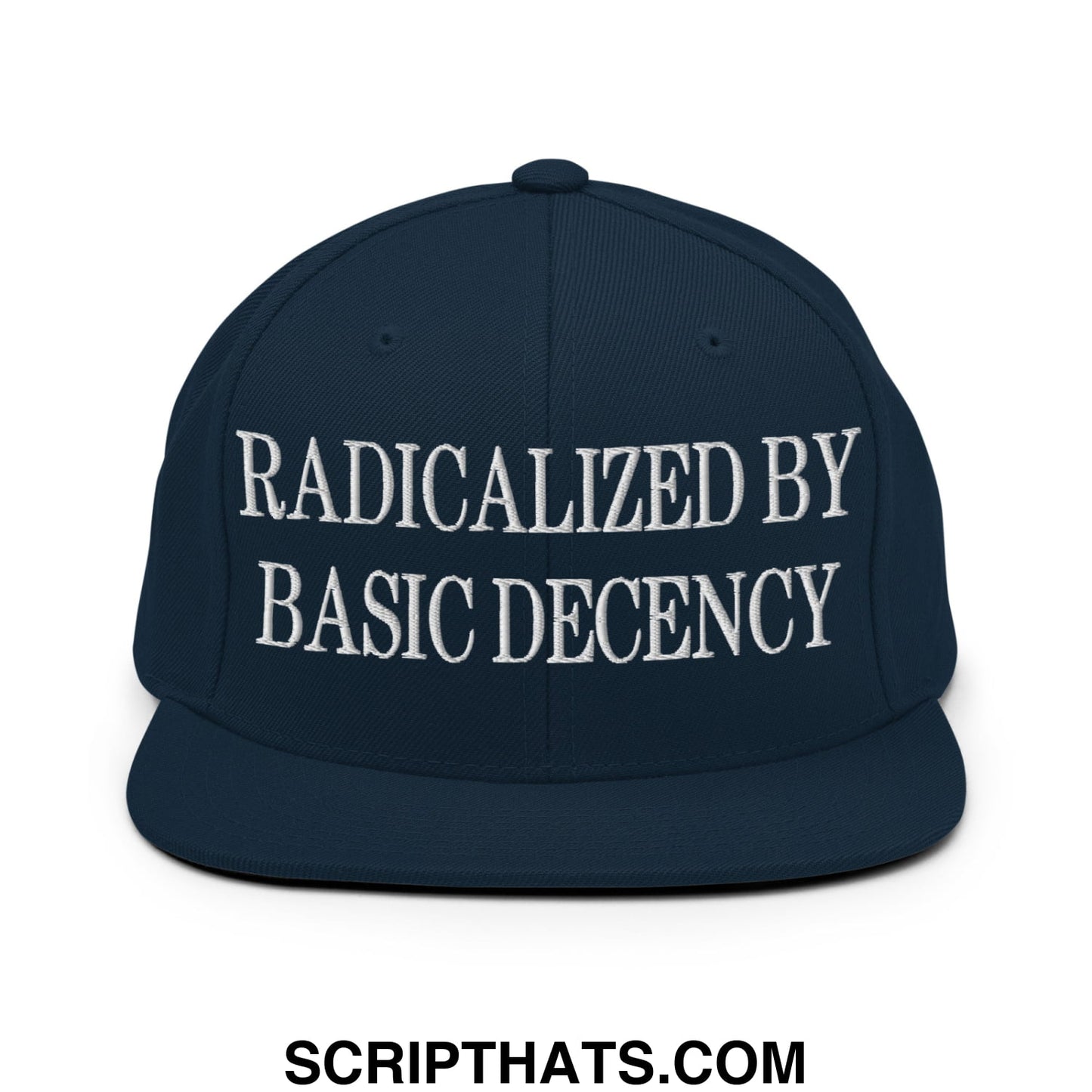 Navy blue snapback hat with white embroidered radicalized by basic decency text and flat bill brim