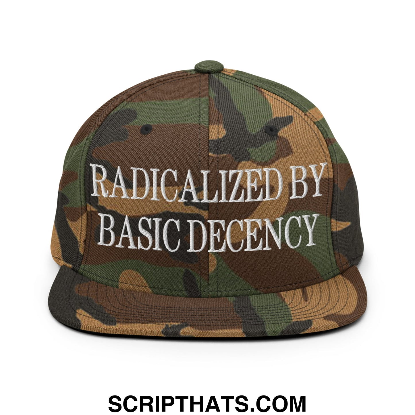 Camouflage-patterned snapback hat with white embroidered text radicalized by basic decency on flat bill brim