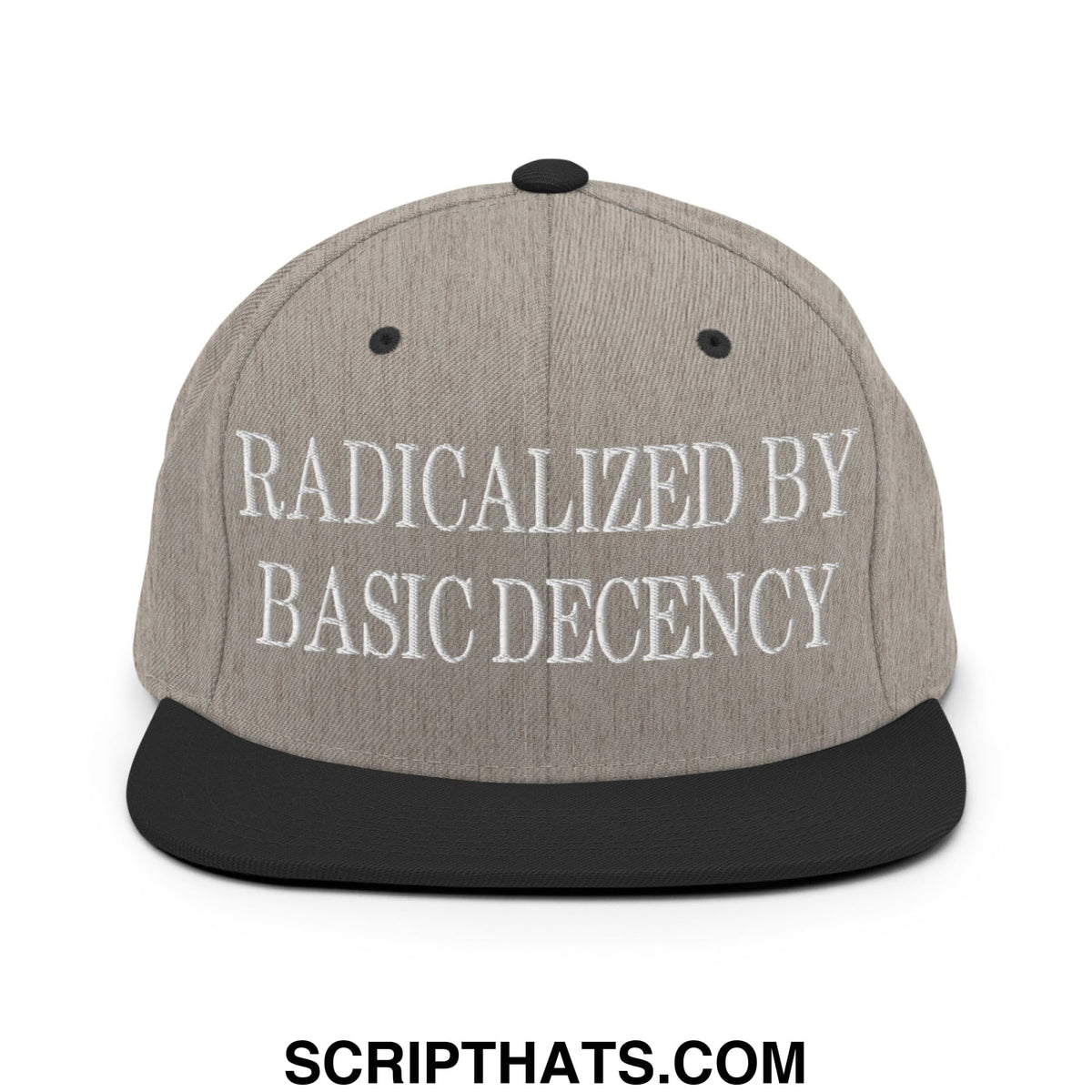 Gray snapback hat with black flat bill brim and embroidered white text reading radicalized by basic decency